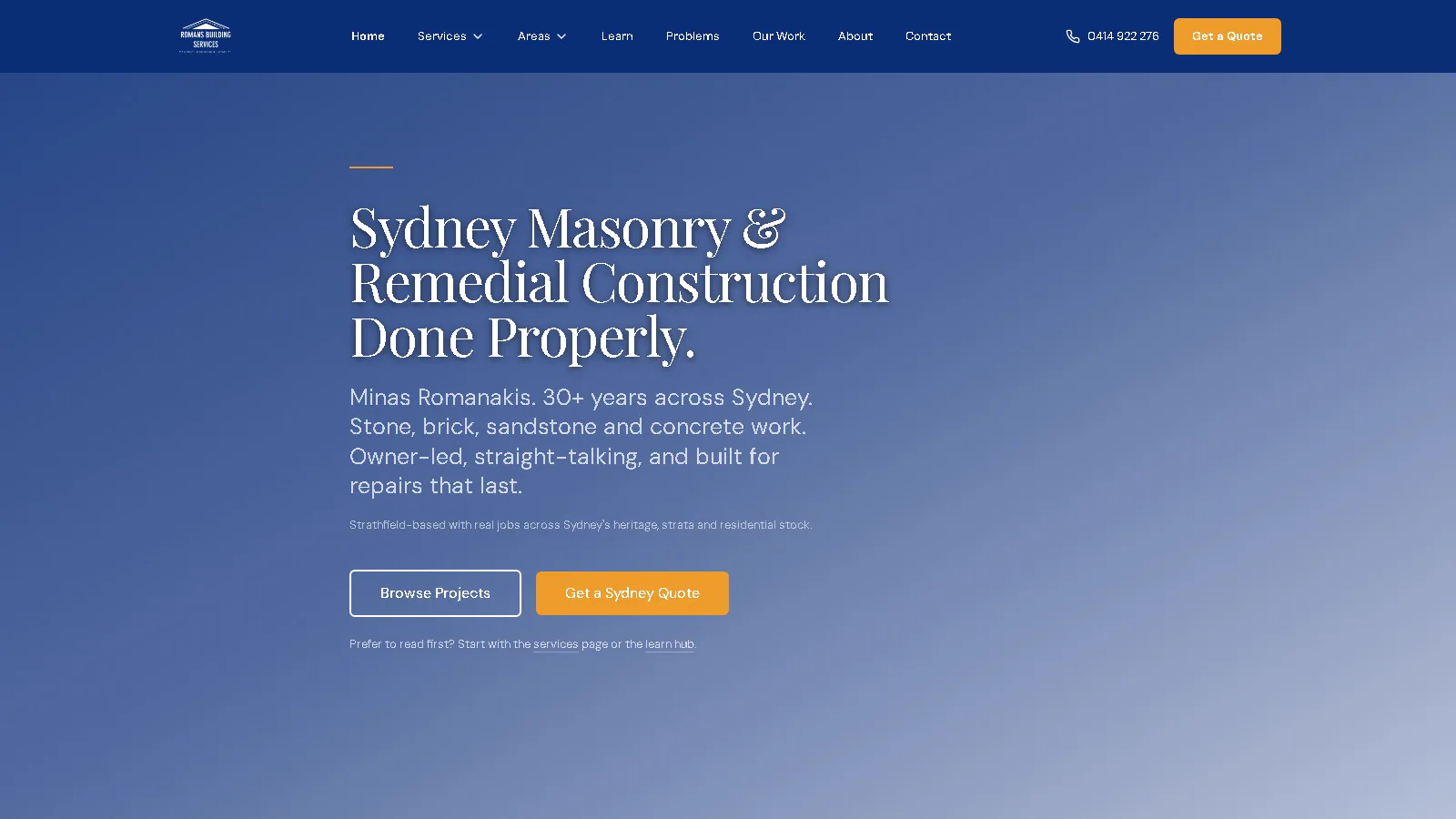 The current Romans Building Services website for Sydney masonry and remedial construction