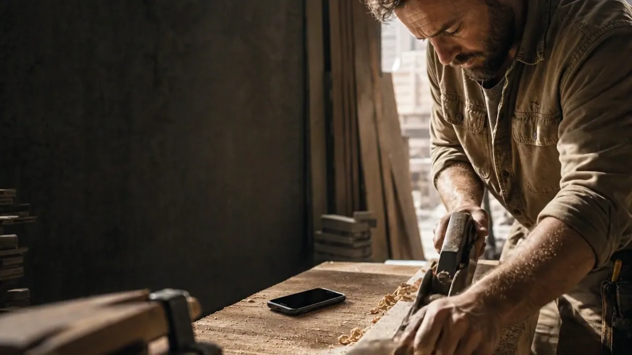 A craftsperson works beside an unanswered phone