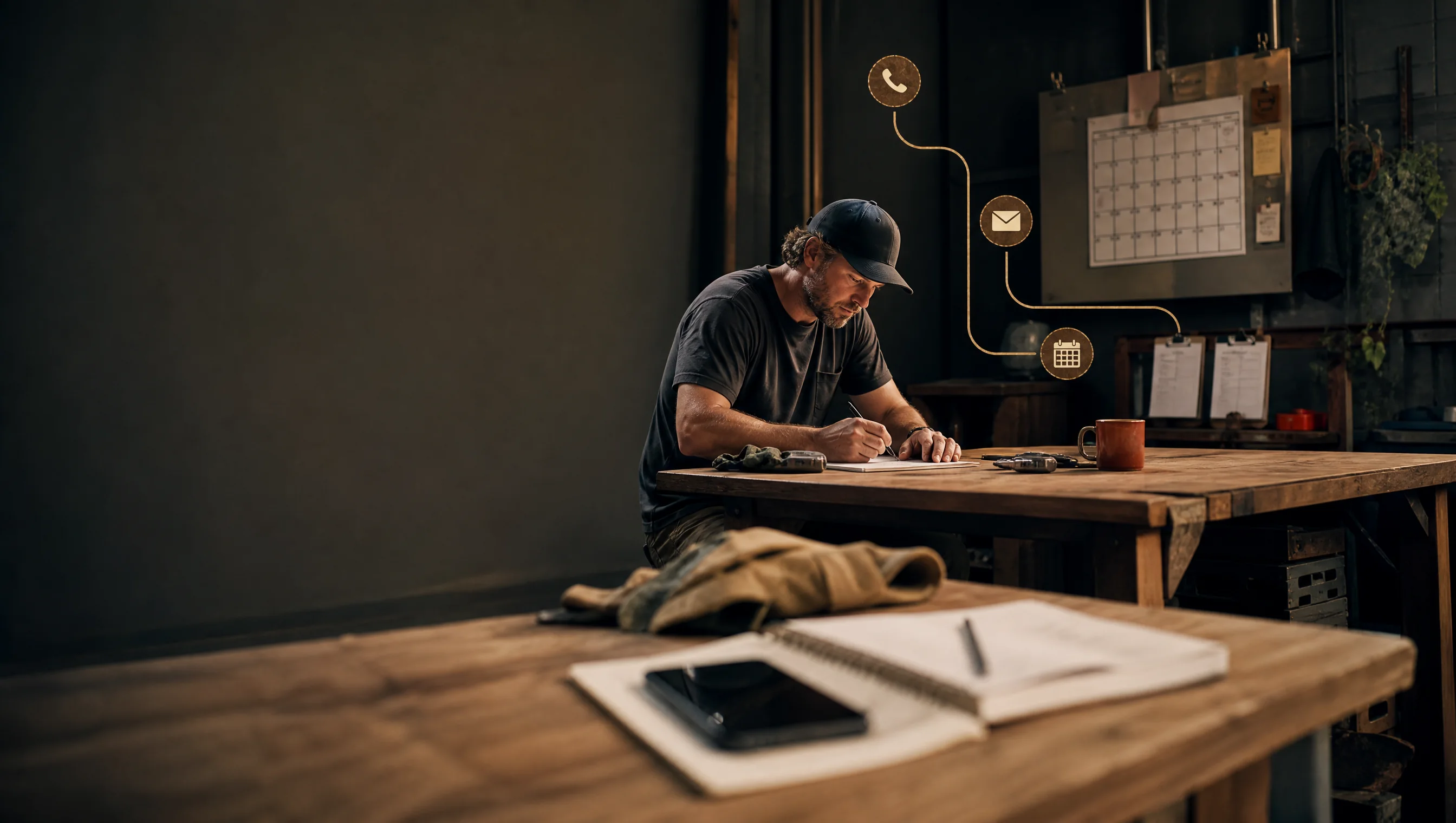 A working tradesperson is supported by connected phone, message and calendar signals in a real workshop.