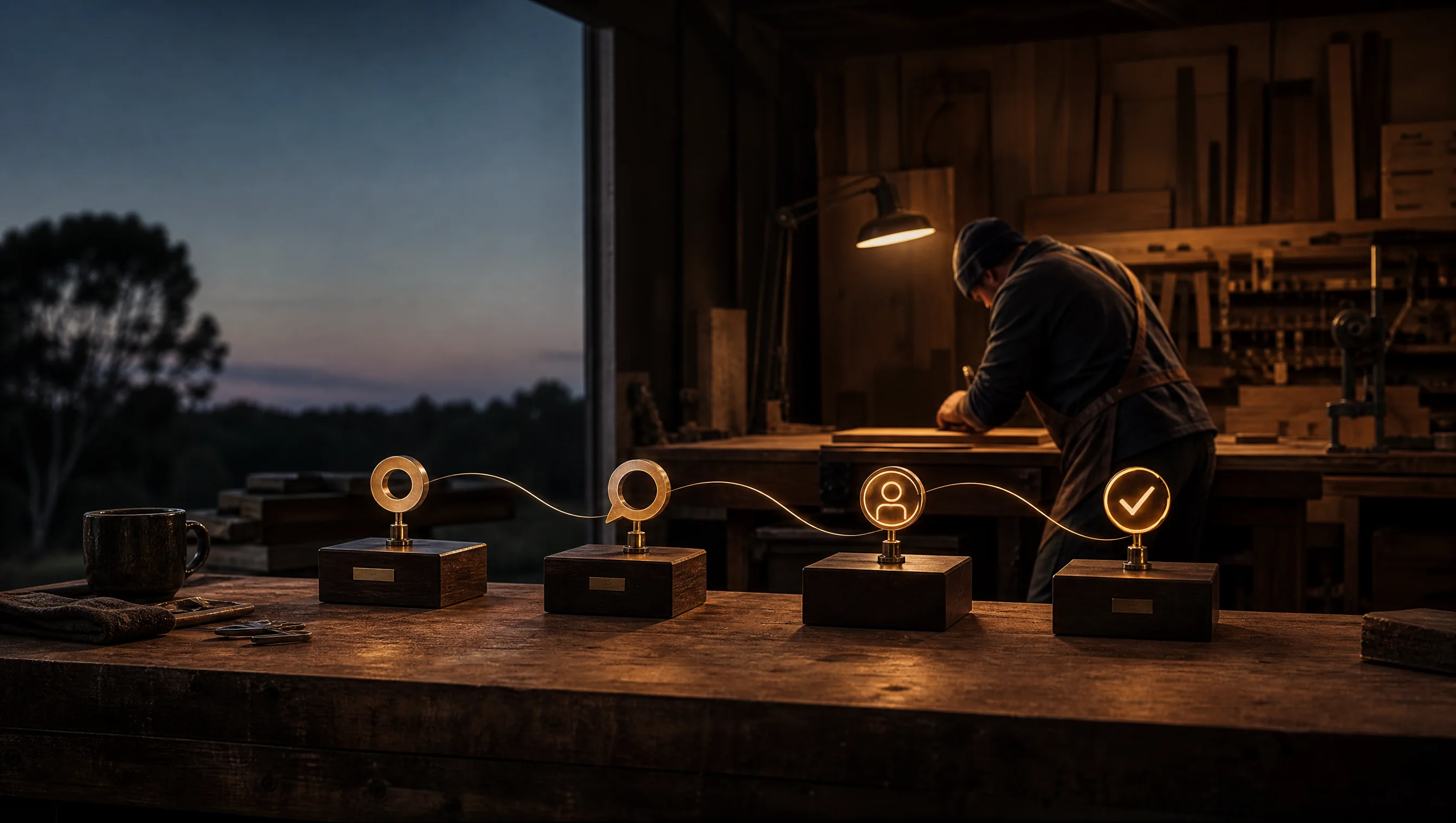 Four connected brass stations represent a lead moving from first enquiry to a booked next step.